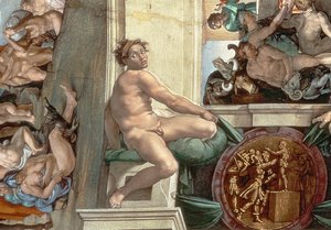Plafond van de Sixtijnse Kapel (1508-12) detail van een van de ignudi (detail)